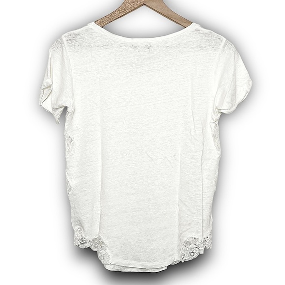 *SANDRO Ivory Linen Scallop Floral Lace Panel Short Cuff Sleeve Scoop Neck Top S - Picture 2 of 6